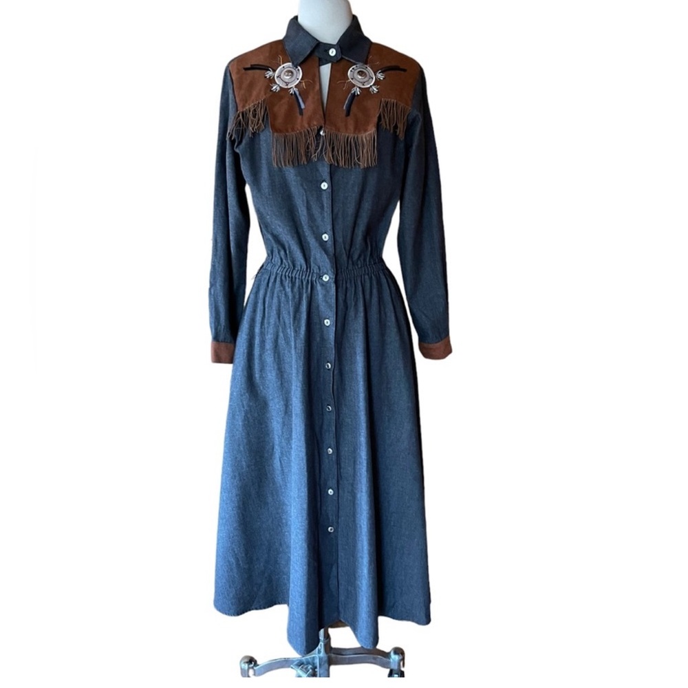 1980s Wildfire Light Denim, Faux Suede, Fringe, Button Down Western Dress